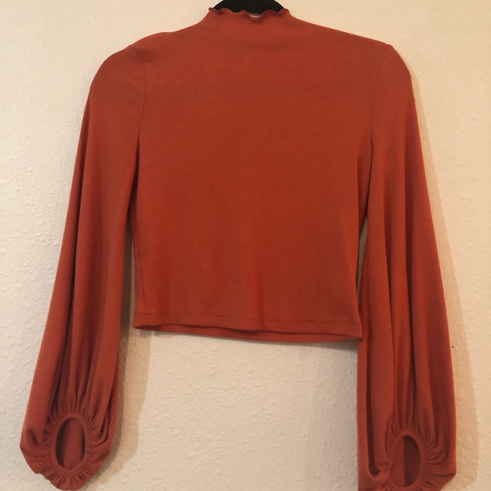 Burnt orange crop top with puffy sleeves.